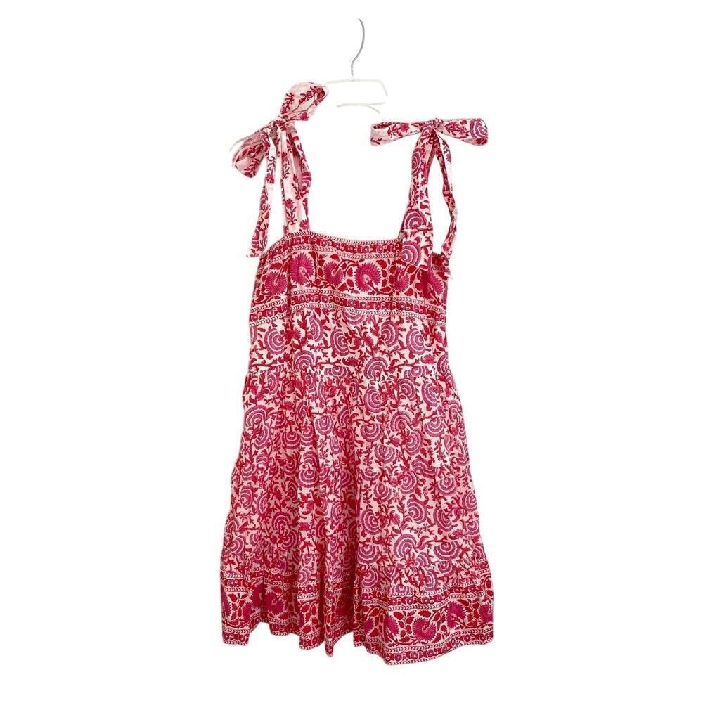 SUE SARTOR Block Print Floral Pink Red Tie Shoulder Waist Mini Swing Dress - Picture 4 of 11